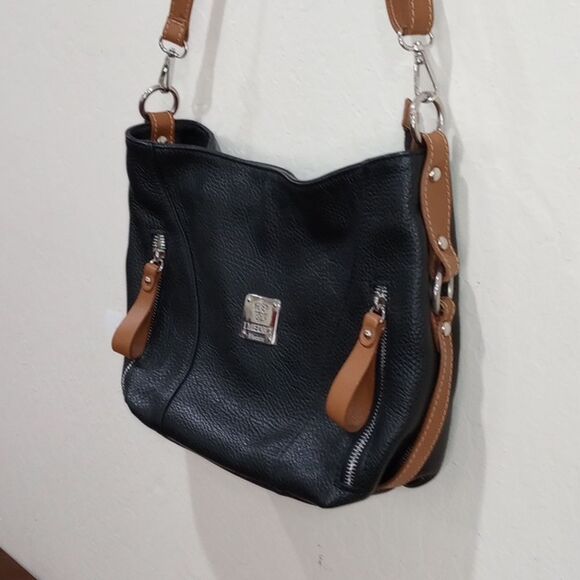 NWOT! I Medici Firenze Made In Italy Black & Tan Pebbled Leather Shoulder Bag - Picture 5 of 16